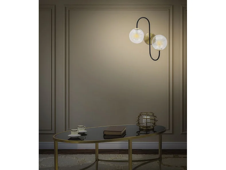 Applique in metallo nero con 2 sfere in vetro cm 36x24x45