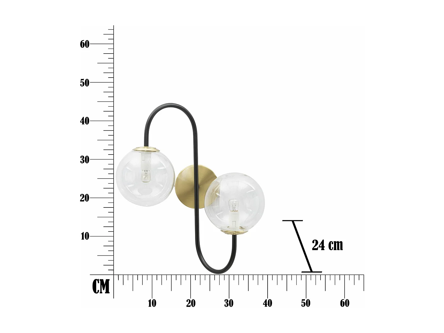 Applique in metallo nero con 2 sfere in vetro cm 36x24x45