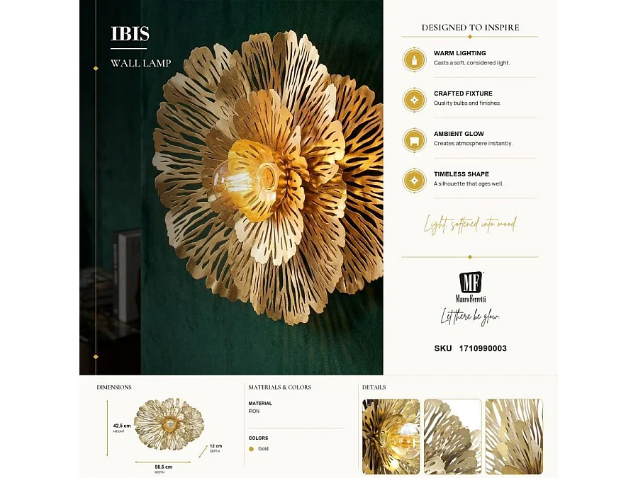 Wandleuchte aus Metall goldfarben Blume 56,5x12x42,5 cm