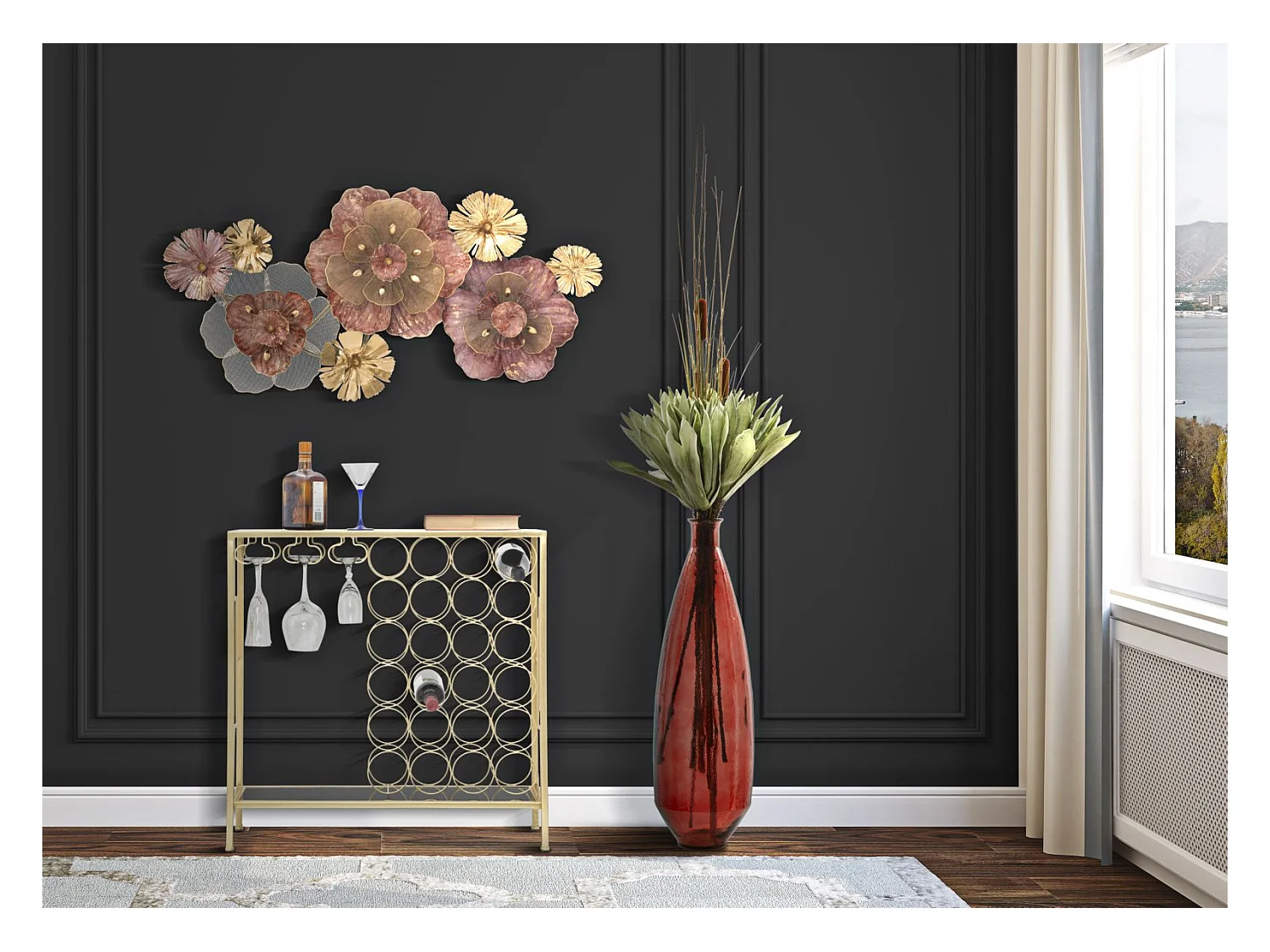 Consolle con portabottiglie in metallo dorata cm 76x30x75