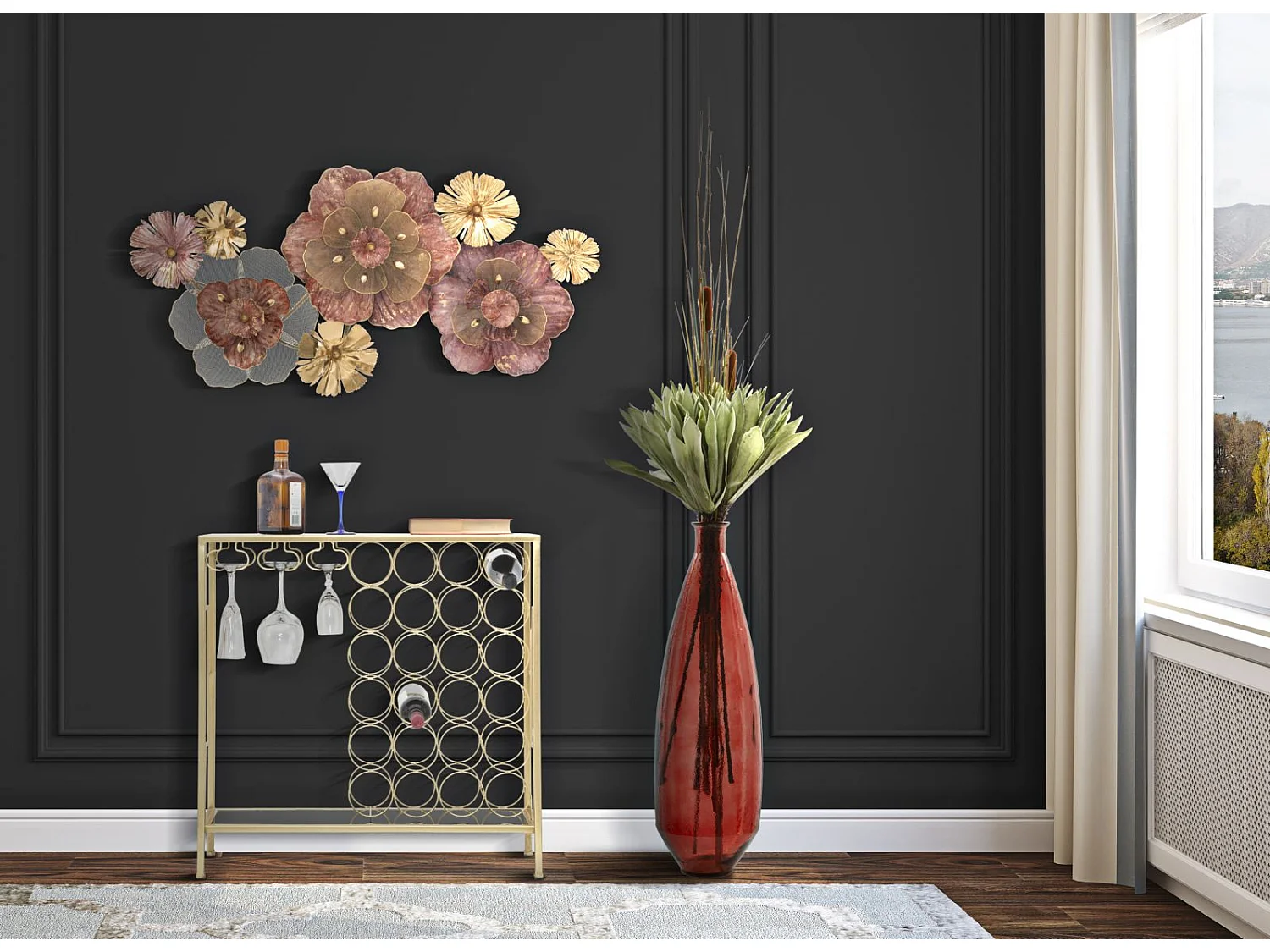 Console avec porte-bouteilles en métal doré cm 76x30x75