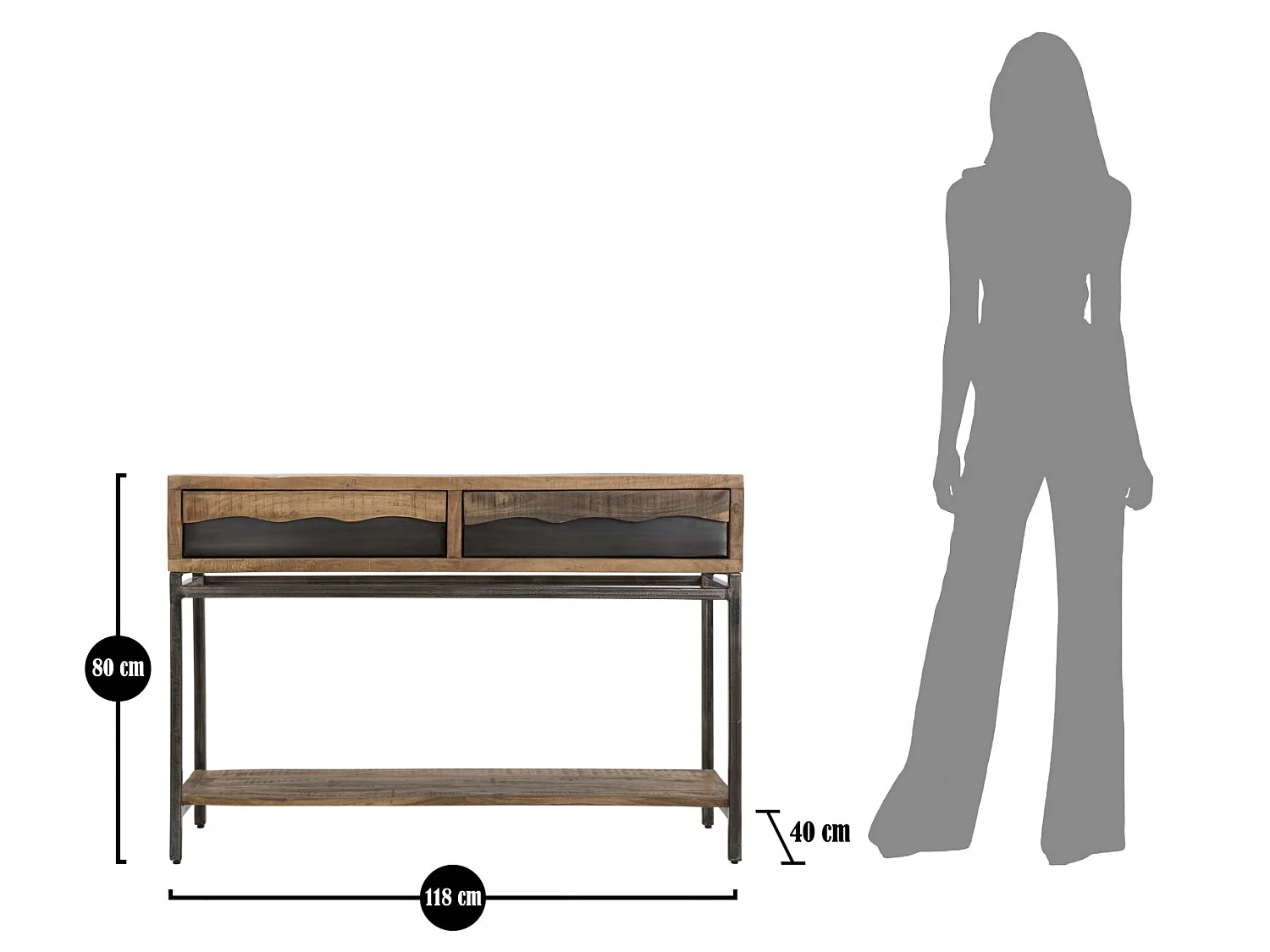 Konsolentisch aus Holz braun mit 2 Schubladen und Ablage 118x40x80 cm