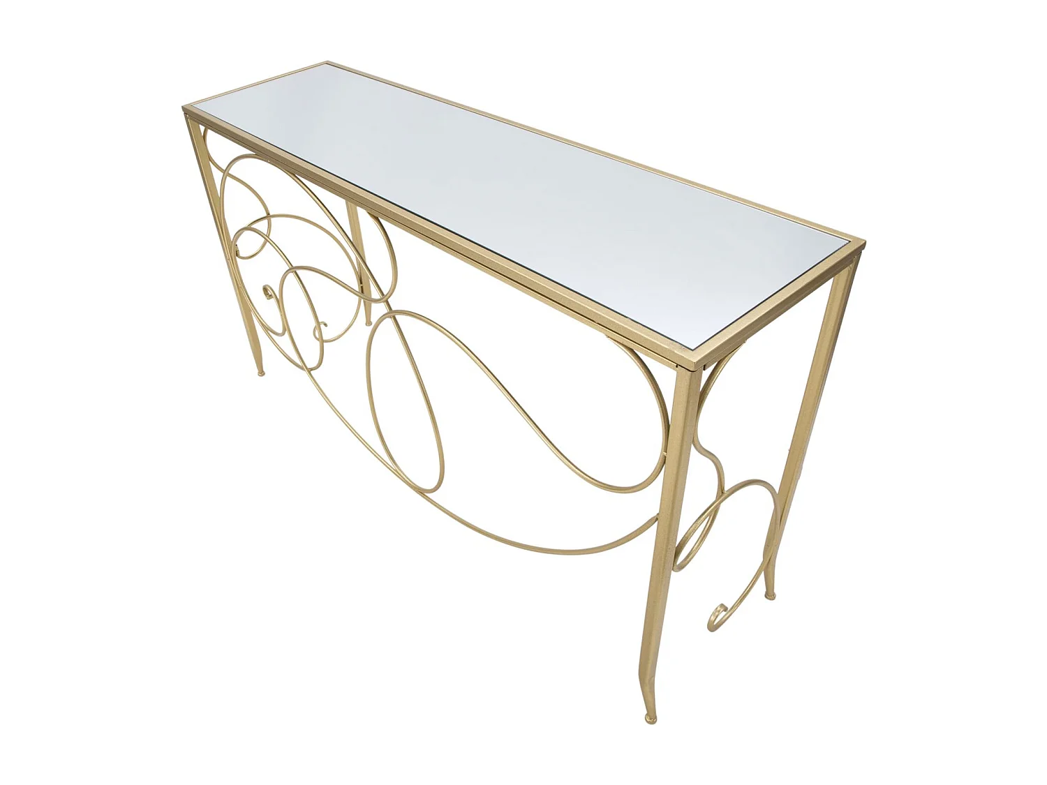 Consolle in metallo dorata con piano in vetro a specchio cm 140x40x80