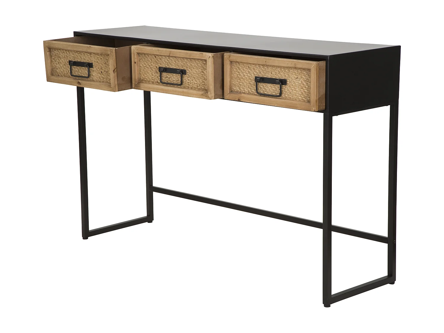 Consolle con 3 cassetti in legno e metallo marrone e nera cm 120x35x78