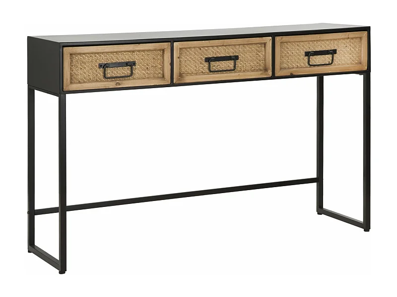 Consolle con 3 cassetti in legno e metallo marrone e nera cm 120x35x78