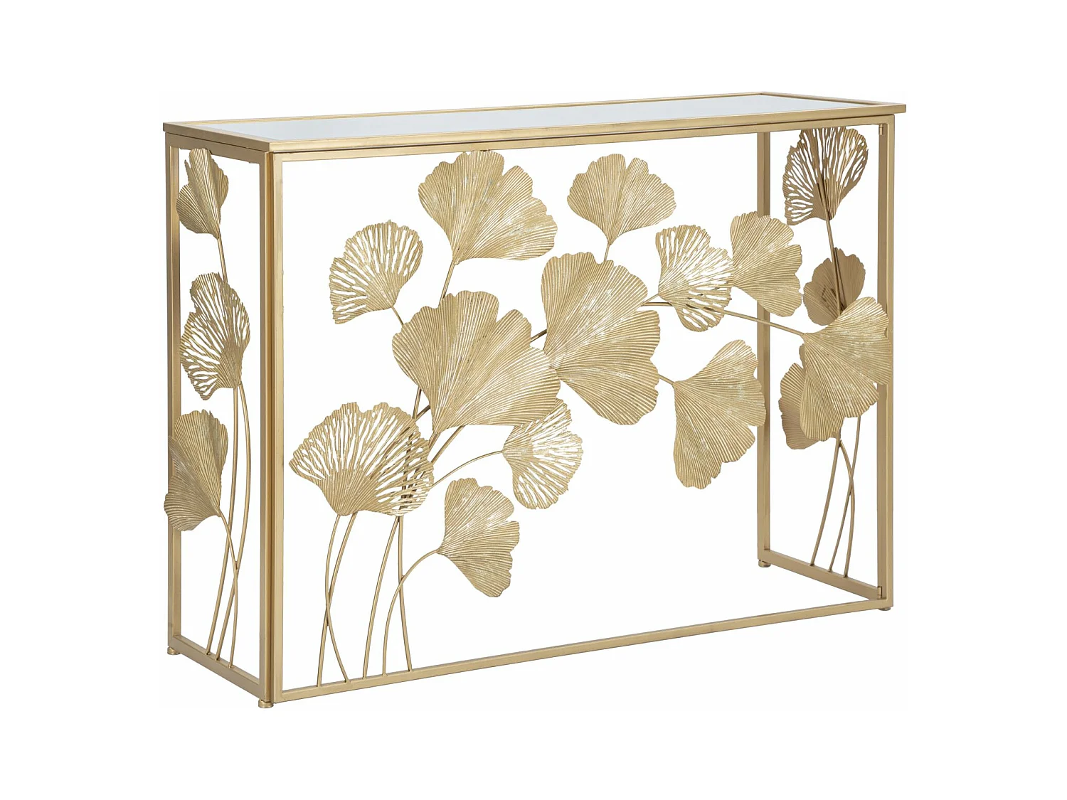 Console en métal doré avec plateau miroir 108x36,5x80 cm
