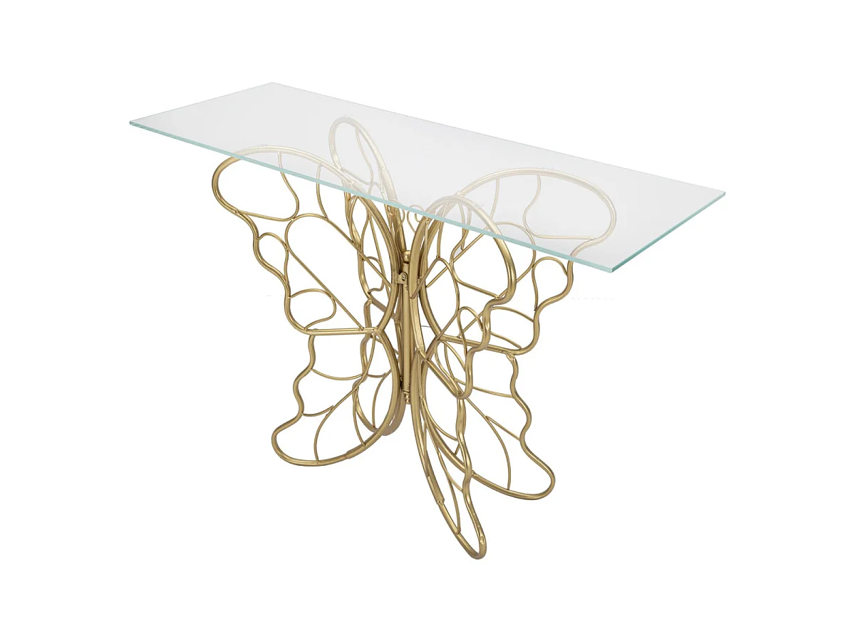 Konsolentisch Schmetterling aus Metall goldfarben mit Glasplatte 110x40x76 cm
