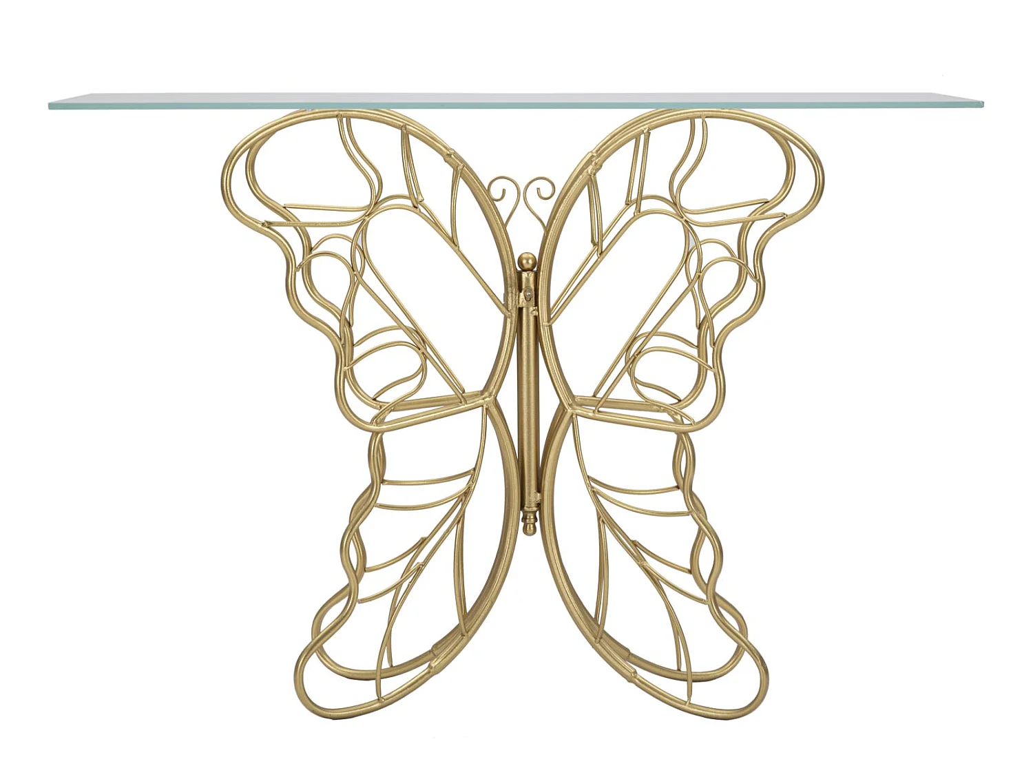 Konsolentisch Schmetterling aus Metall goldfarben mit Glasplatte 110x40x76 cm