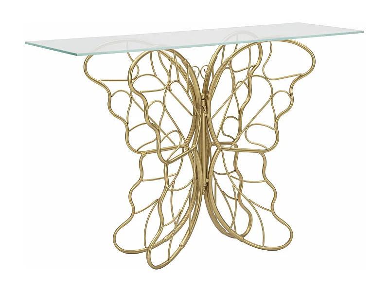 Consolle farfalla in metallo dorata con piano in vetro cm 110x40x76