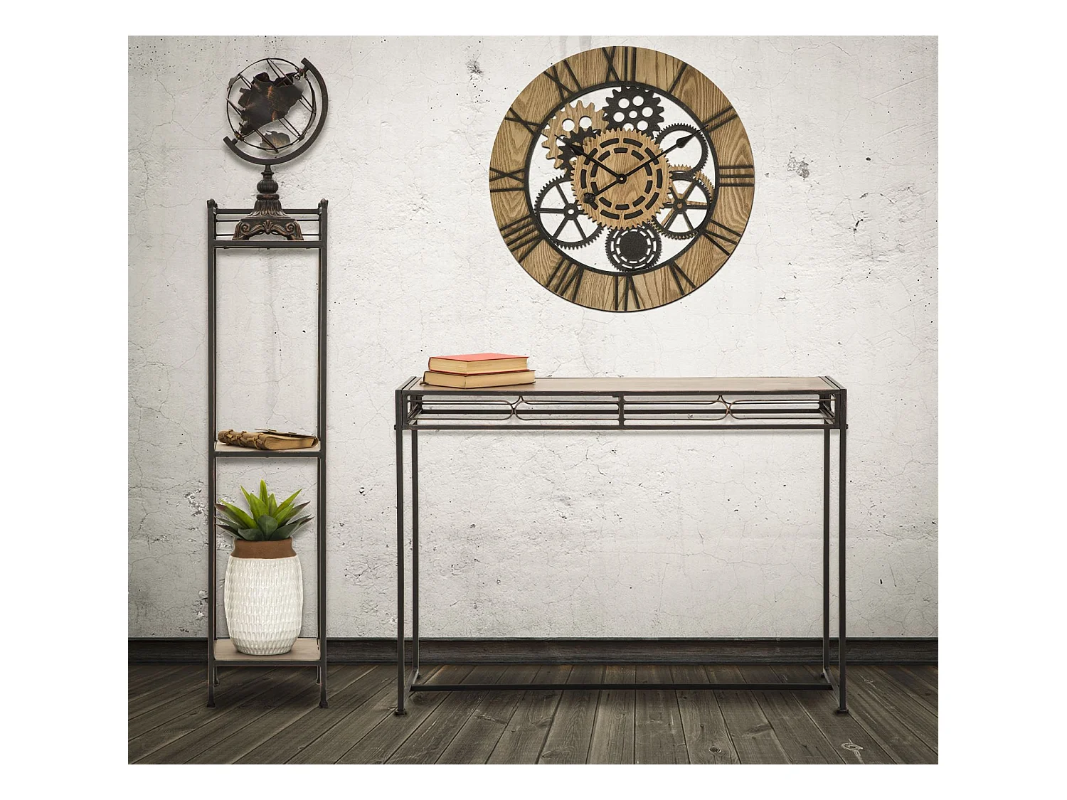 Consolle rettangolare in metallo nero con piano in legno cm 110x40x80