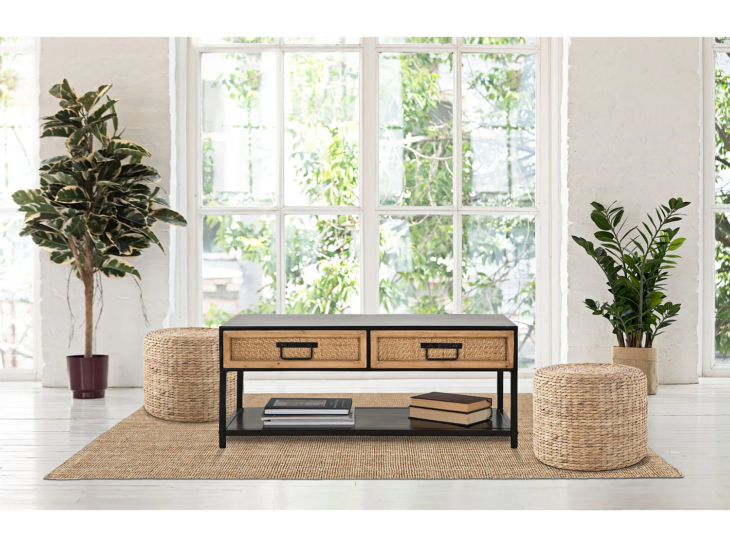 Meuble TV 2 Tiroirs "Hanoï" 95cm Naturel & Noir