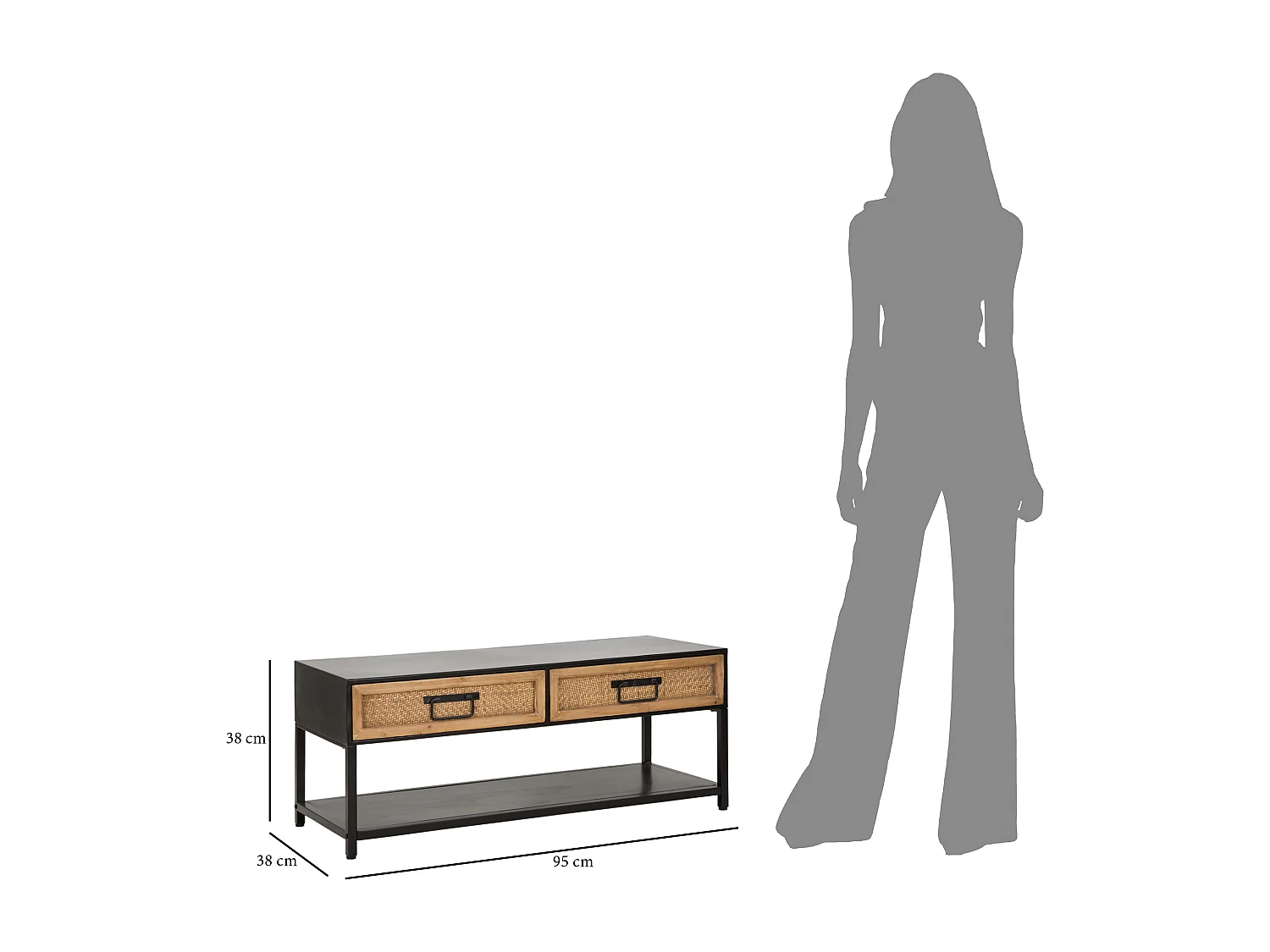 Meuble TV 2 Tiroirs "Hanoï" 95cm Naturel & Noir