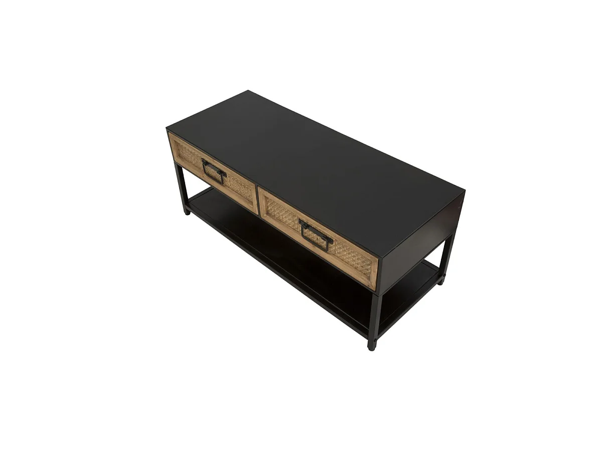 Stojak pod telewizor Hanoi 95x38x38 cm - Czarny metalowy stolik pod telewizor z drewnianymi szufladami imitującymi rattan - Nowoczesny i liniowy styl boho chic