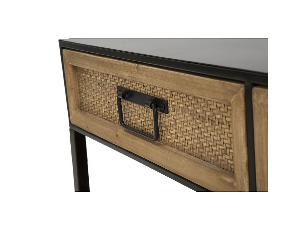 Stojak pod telewizor Hanoi 95x38x38 cm - Czarny metalowy stolik pod telewizor z drewnianymi szufladami imitującymi rattan - Nowoczesny i liniowy styl boho chic