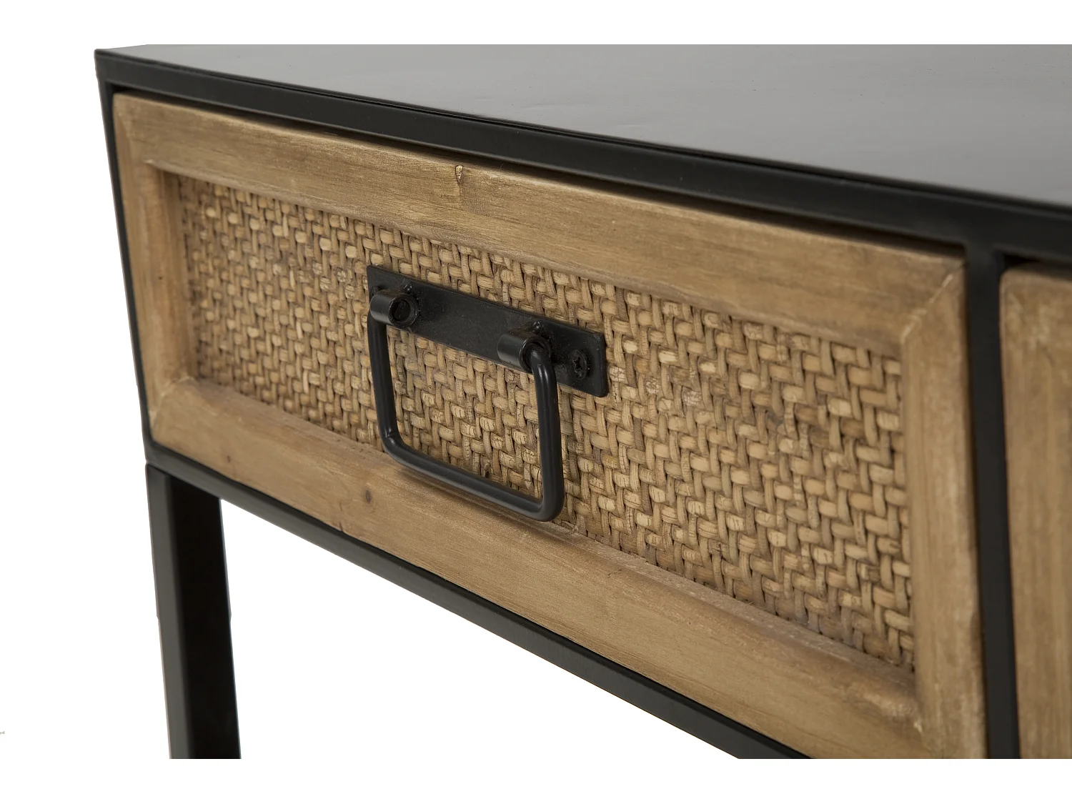 Stojak pod telewizor Hanoi 95x38x38 cm - Czarny metalowy stolik pod telewizor z drewnianymi szufladami imitującymi rattan - Nowoczesny i liniowy styl boho chic