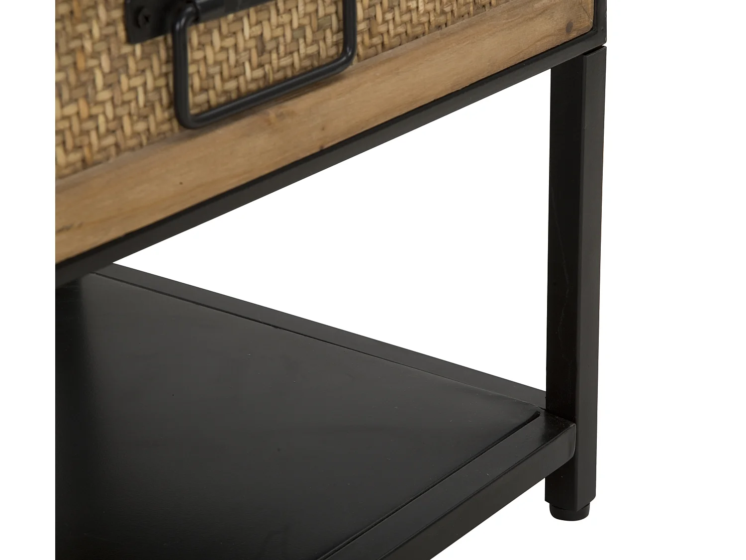 Stojak pod telewizor Hanoi 95x38x38 cm - Czarny metalowy stolik pod telewizor z drewnianymi szufladami imitującymi rattan - Nowoczesny i liniowy styl boho chic