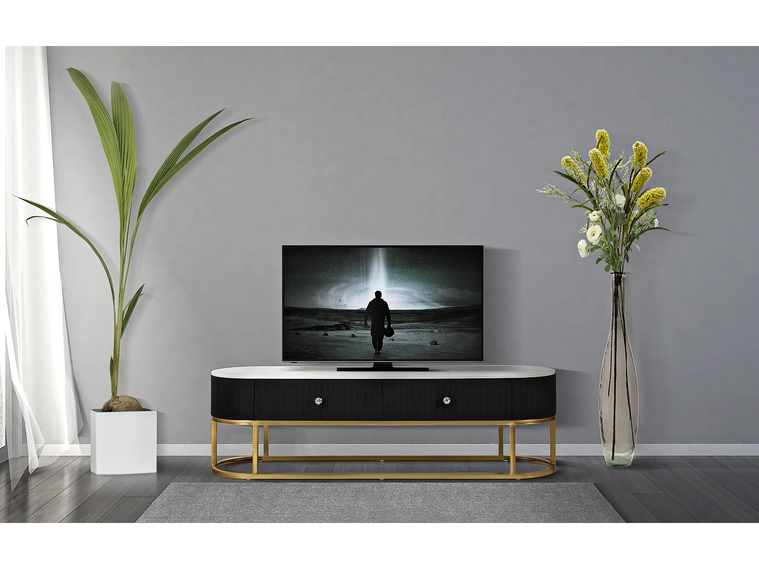 Meuble TV 2 Tiroirs Effet Marbre "Montpellier" 150cm Noir & Or