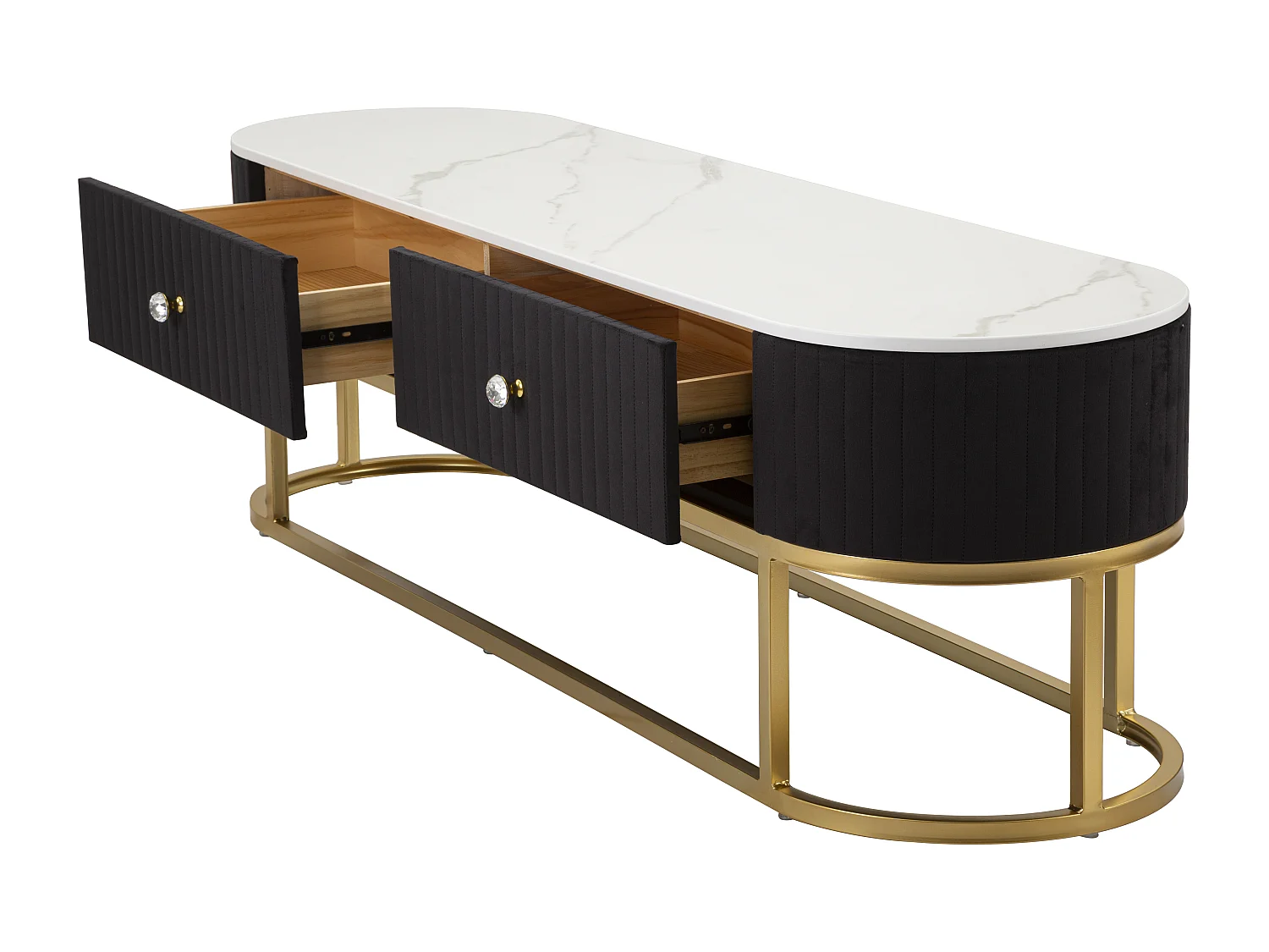 Meuble TV 2 Tiroirs Effet Marbre "Montpellier" 150cm Noir & Or