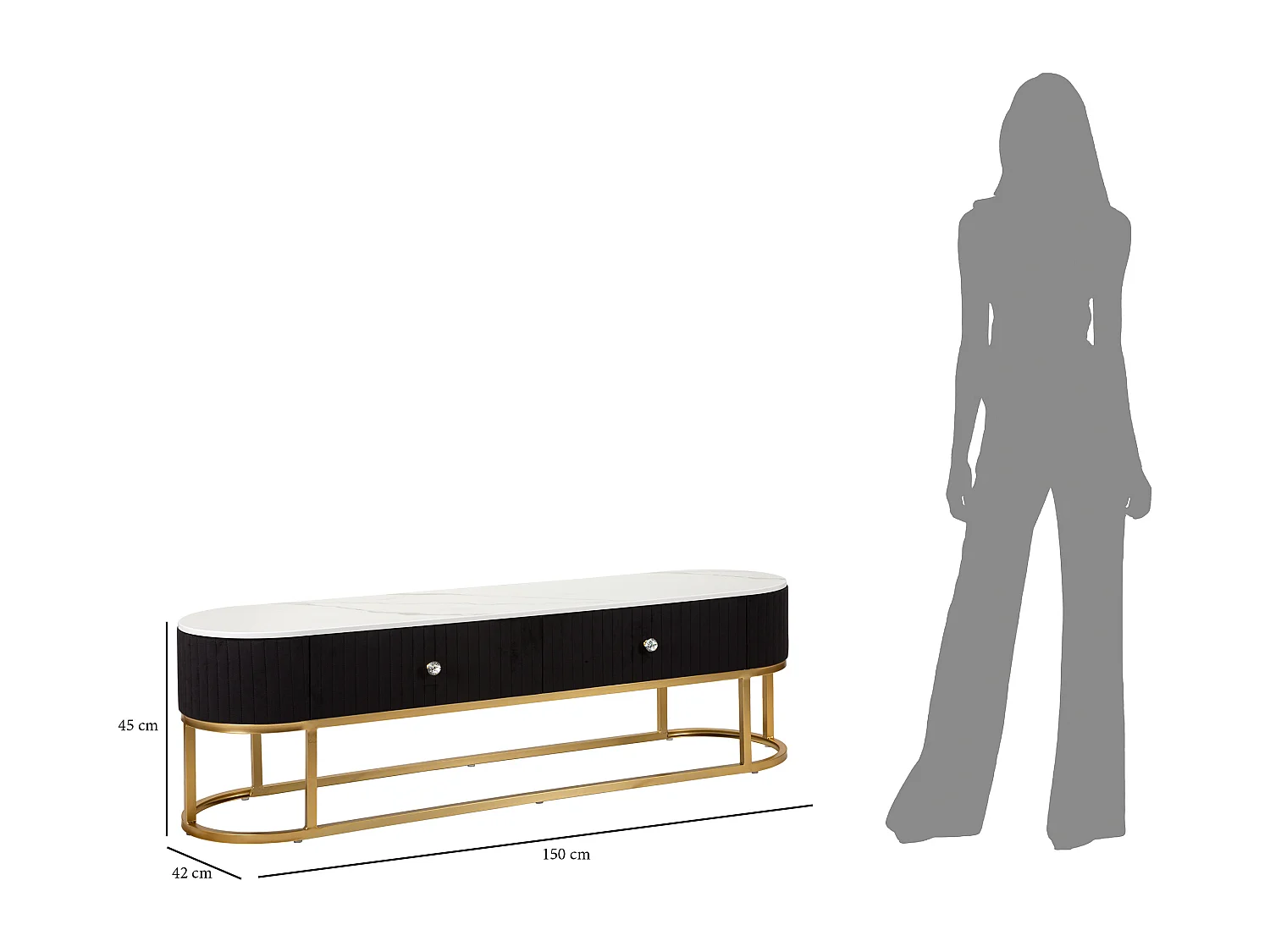 Meuble TV 2 Tiroirs Effet Marbre "Montpellier" 150cm Noir & Or