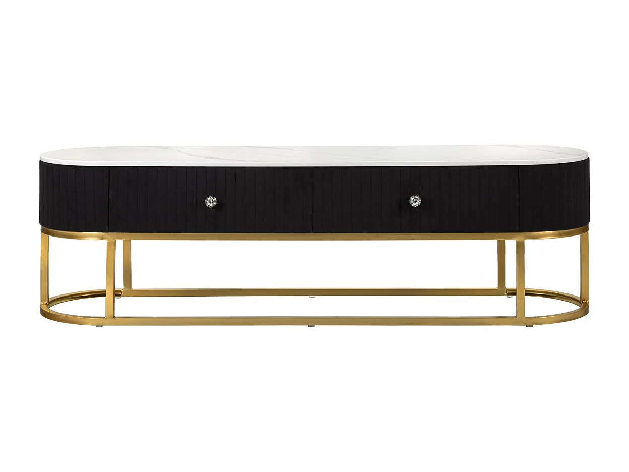 Meuble TV 2 Tiroirs Effet Marbre "Montpellier" 150cm Noir & Or