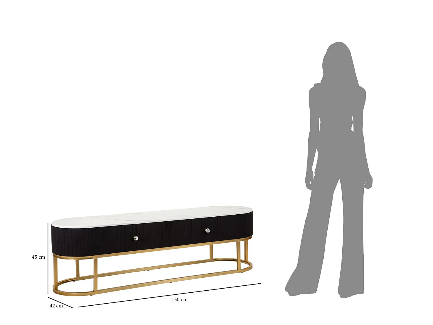 TV-Möbel aus Metall, Stoff und Holz goldfarben, schwarz, weiß 150x42x45 cm