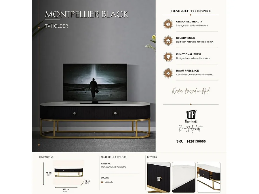 TV-Möbel aus Metall, Stoff und Holz goldfarben, schwarz, weiß 150x42x45 cm