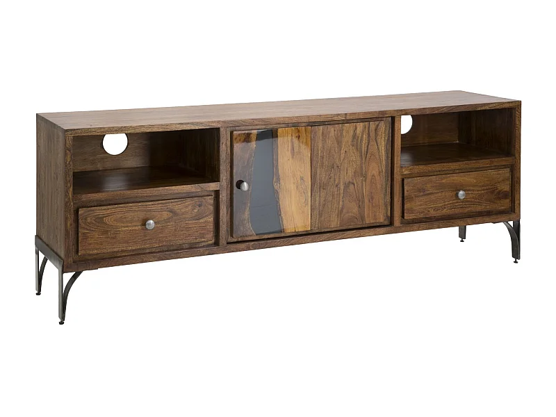 Meuble TV en bois marron avec 2 tiroirs et porte 175x40x60 cm