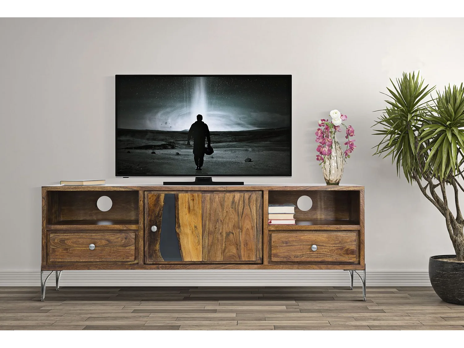 Meuble TV en bois marron avec 2 tiroirs et porte 175x40x60 cm