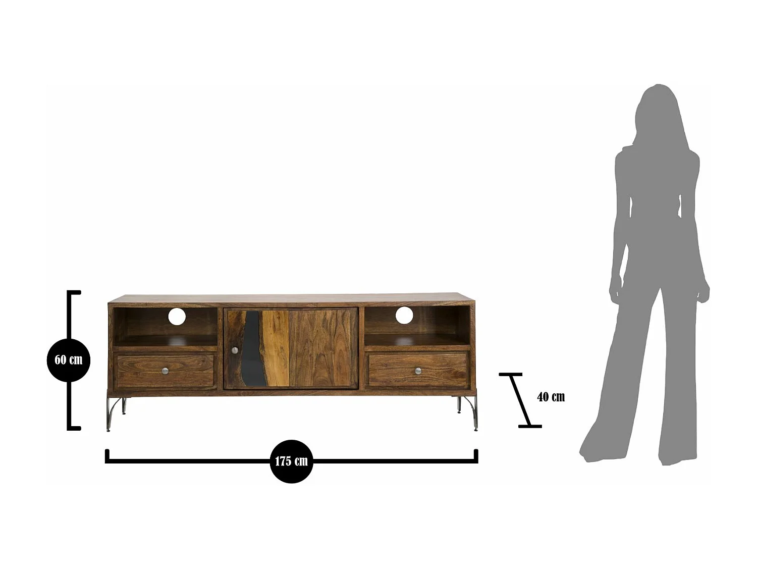 Meuble TV en bois marron avec 2 tiroirs et porte 175x40x60 cm