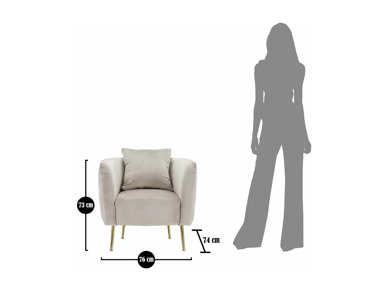 Poltrona in tessuto grigia con gambe dorate cm 76x74x71