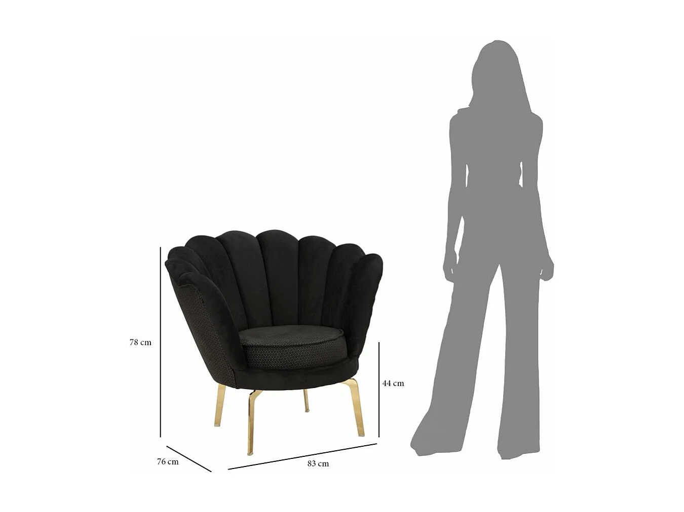 Poltrona in tessuto nera con gambe dorate cm 83x76x78