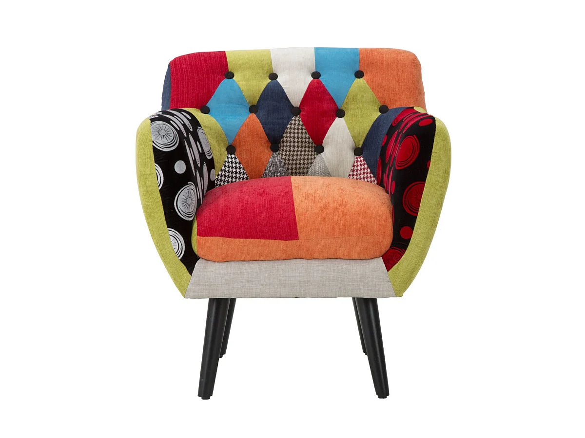 Imperial-Sessel aus Holz und Patchwork-Stoff, Industriestil, 71 x 63 x 78 cm, ergonomischer Sitz – Möbelaccessoires