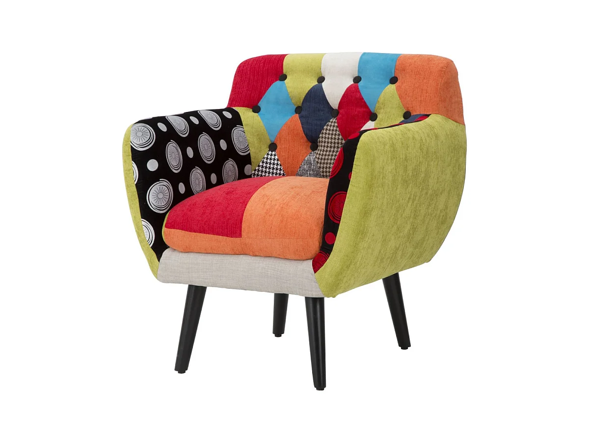 Imperial-Sessel aus Holz und Patchwork-Stoff, Industriestil, 71 x 63 x 78 cm, ergonomischer Sitz – Möbelaccessoires
