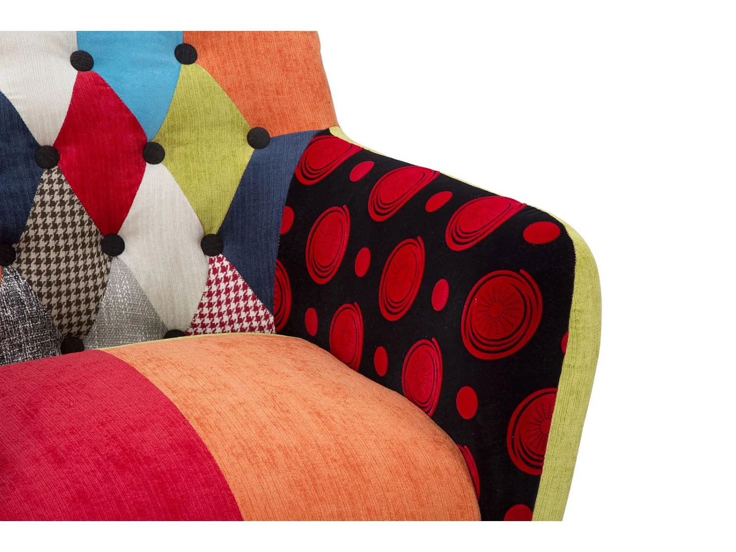 Imperial-Sessel aus Holz und Patchwork-Stoff, Industriestil, 71 x 63 x 78 cm, ergonomischer Sitz – Möbelaccessoires