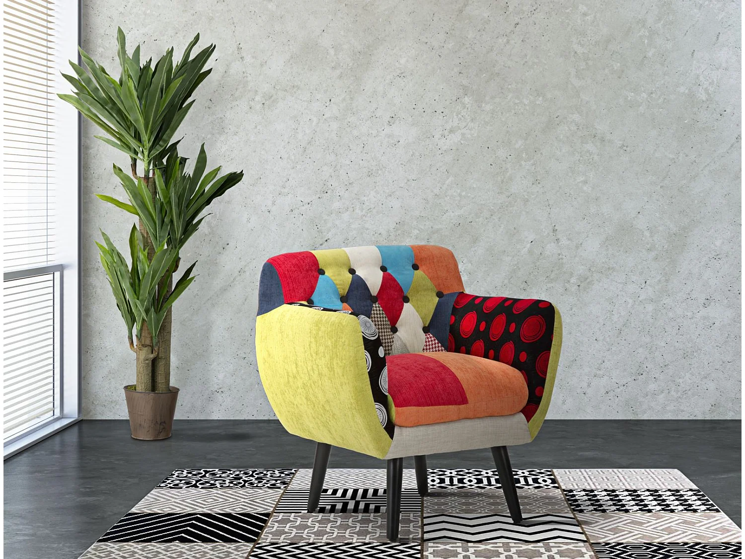 Imperial-Sessel aus Holz und Patchwork-Stoff, Industriestil, 71 x 63 x 78 cm, ergonomischer Sitz – Möbelaccessoires