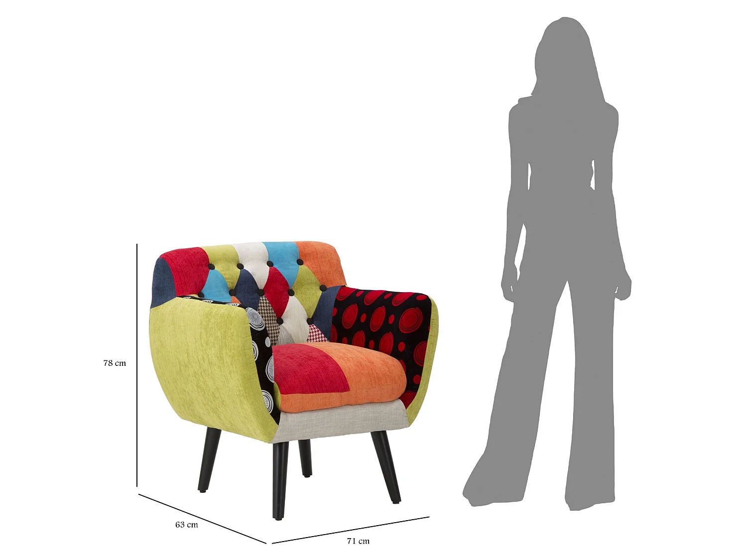 Imperial-Sessel aus Holz und Patchwork-Stoff, Industriestil, 71 x 63 x 78 cm, ergonomischer Sitz – Möbelaccessoires