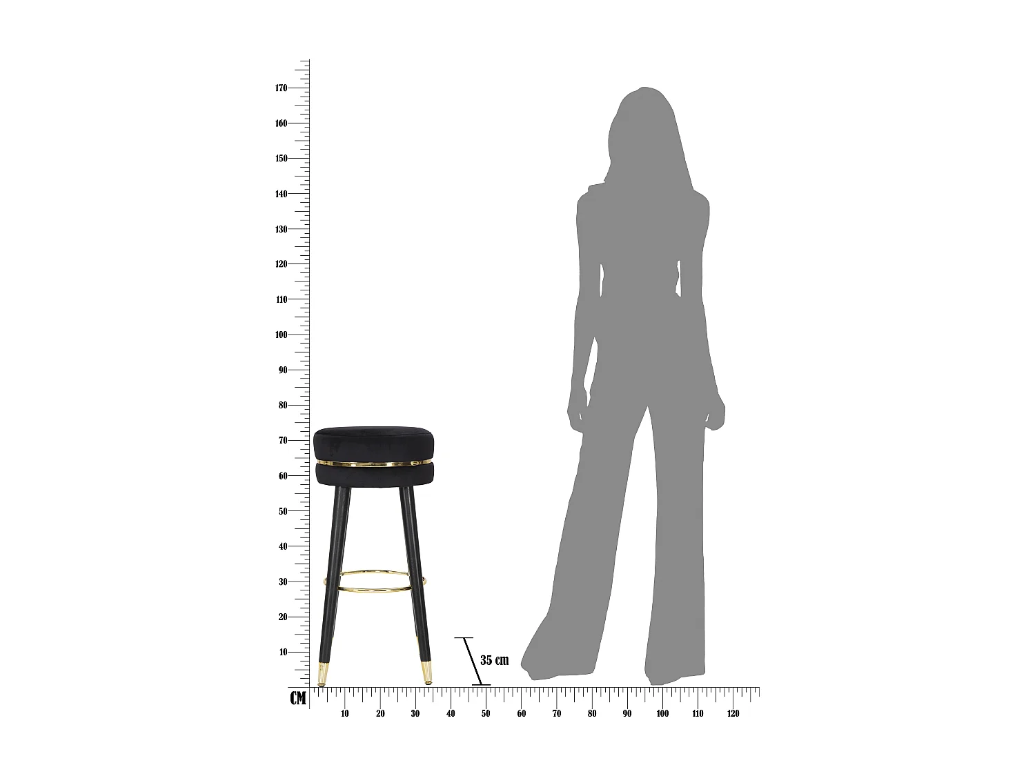 Sgabello bar rotondo in tessuto nero con gambe in legno Ø cm 35x74