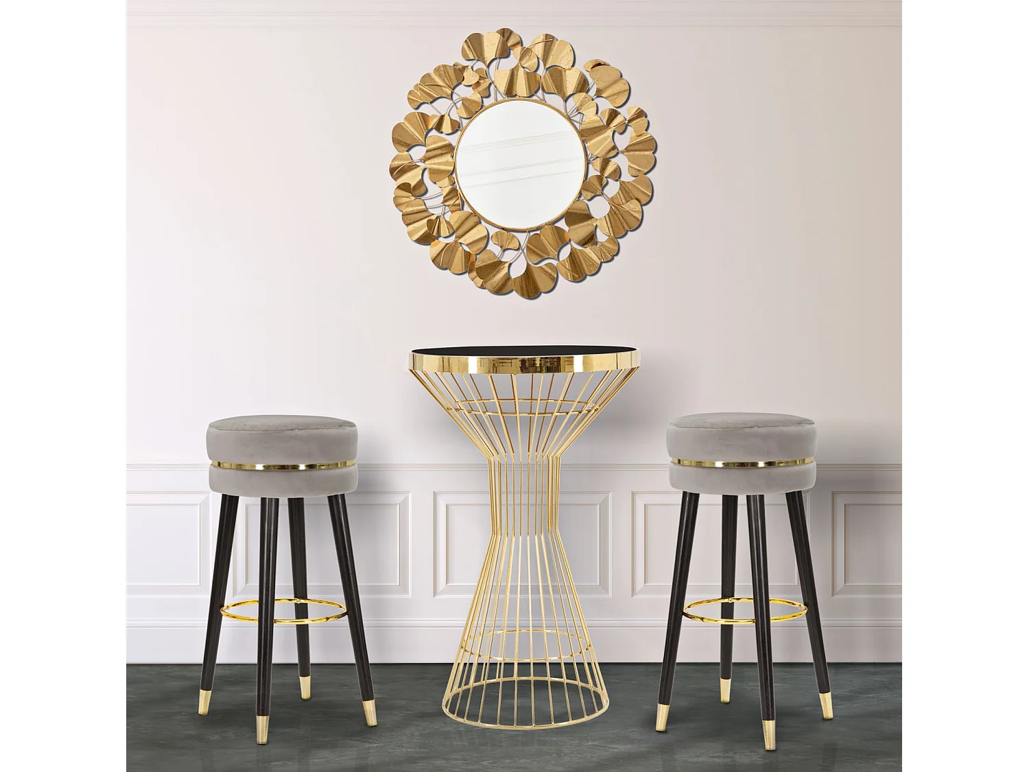 Sgabello bar rotondo in tessuto grigio con gambe in legno Ø cm 35x74