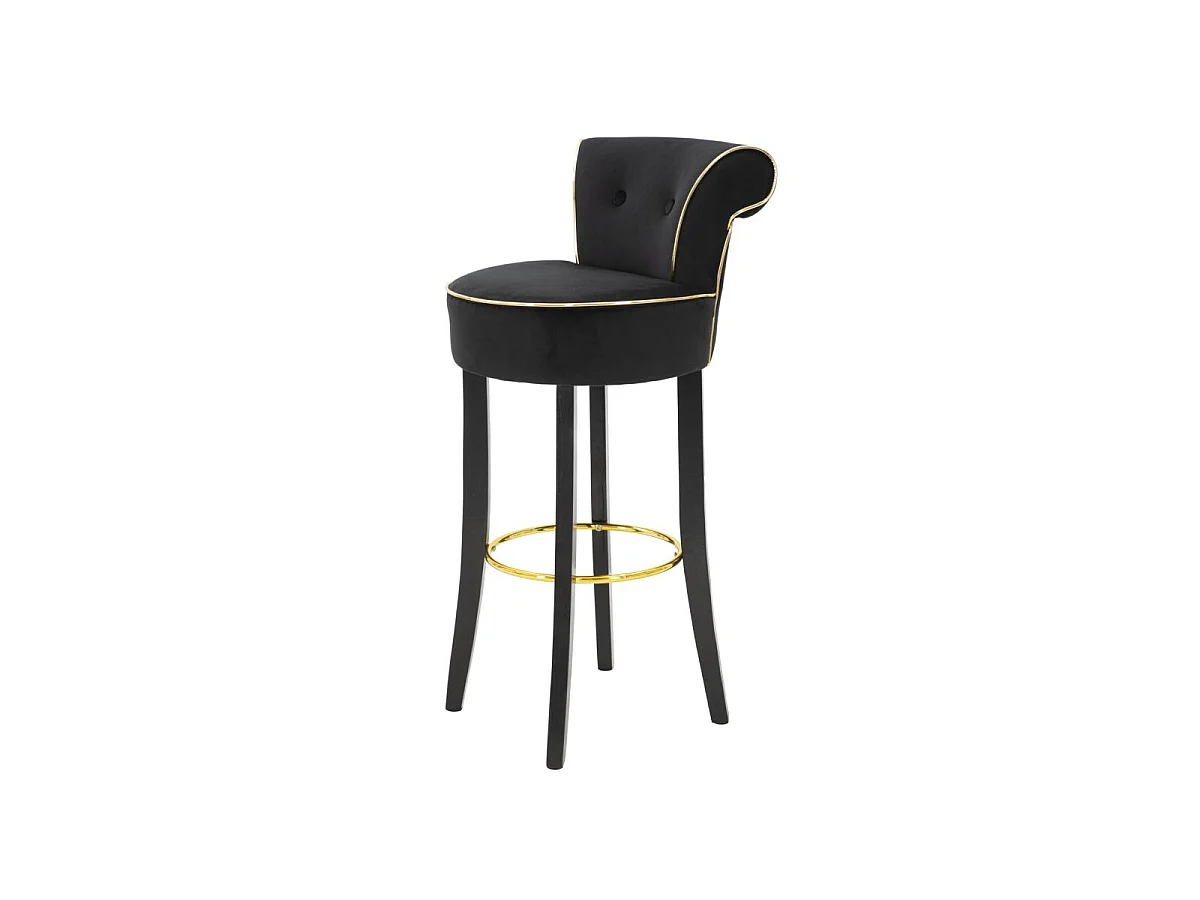 Taburete de bar Luxy de terciopelo sintético negro - 46x48x96 cm - Respaldo cómodo y reposapiés de metal dorado - Diseño glamuroso esencial
