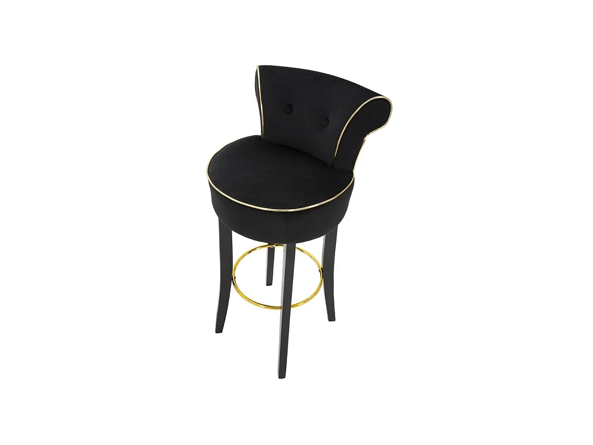 Taburete de bar Luxy de terciopelo sintético negro - 46x48x96 cm - Respaldo cómodo y reposapiés de metal dorado - Diseño glamuroso esencial