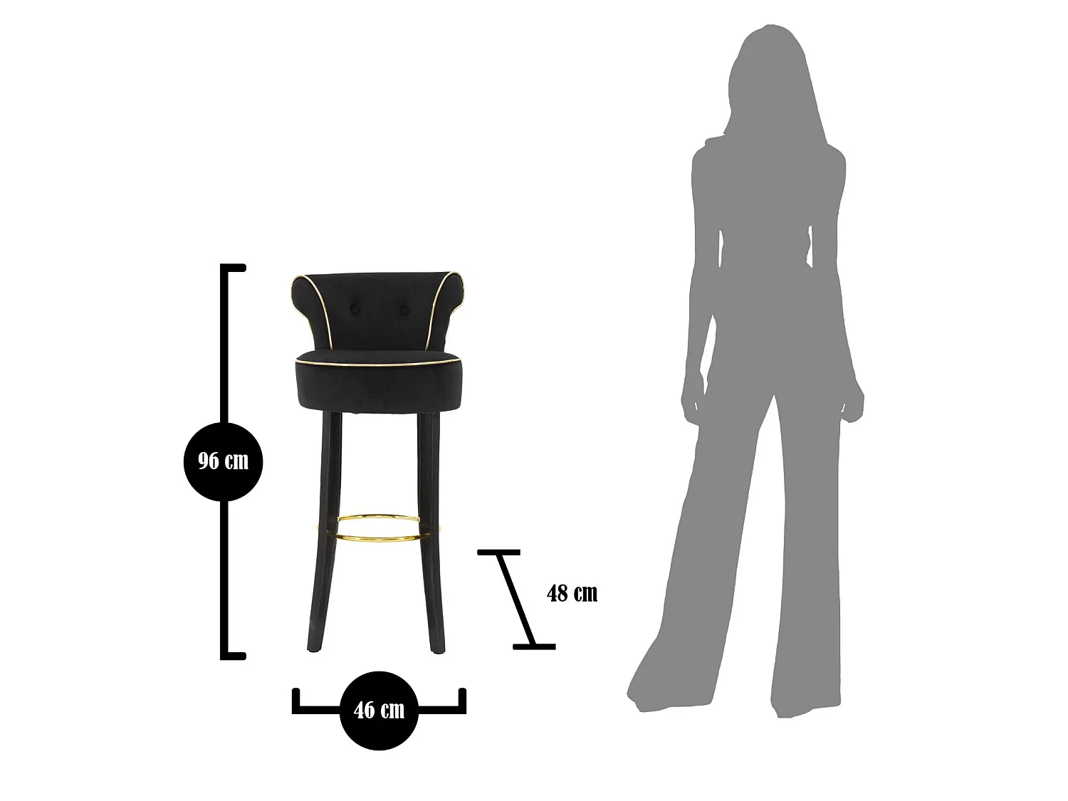 Taburete de bar Luxy de terciopelo sintético negro - 46x48x96 cm - Respaldo cómodo y reposapiés de metal dorado - Diseño glamuroso esencial