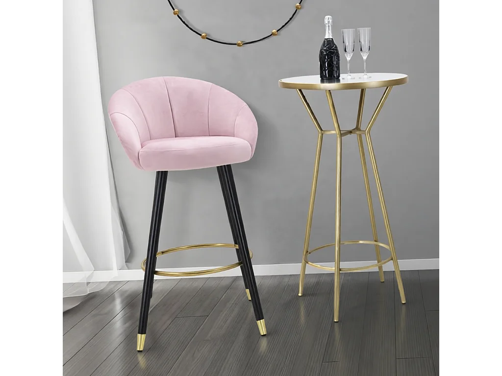 Taburete de bar para cocina en terciopelo con patas de madera negras y doradas h80cm Prague - Rosa