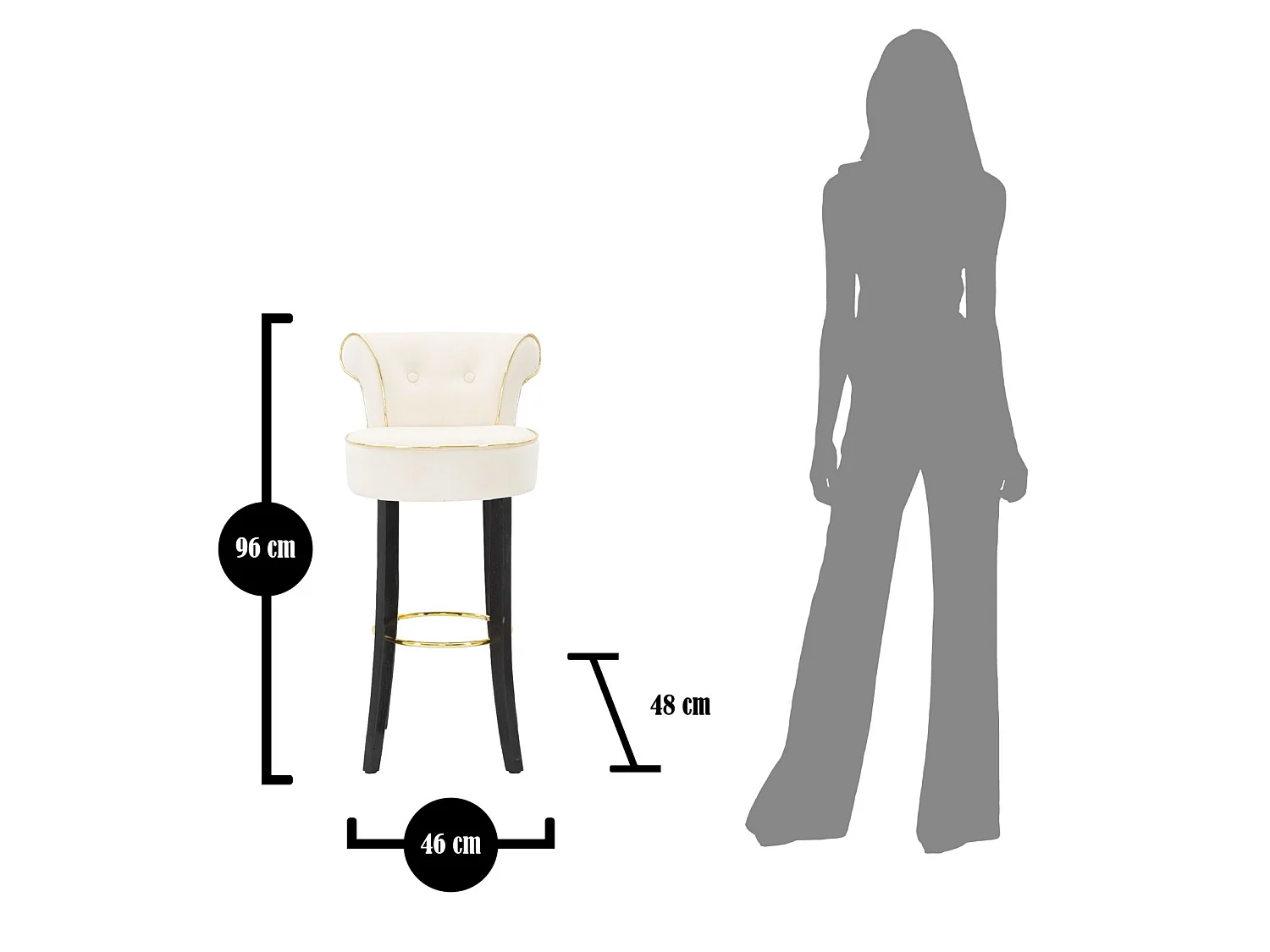 Banqueta de bar Luxy em veludo sintético creme - 46x48x96 cm - Encosto confortável e apoio para os pés em metal dourado - Design glamoroso essencial