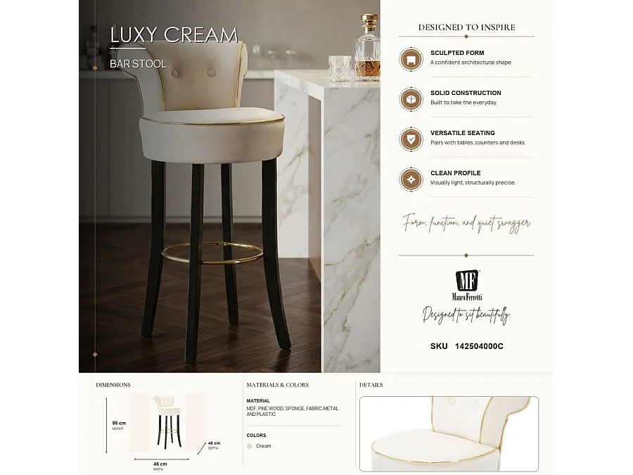 Banqueta de bar Luxy em veludo sintético creme - 46x48x96 cm - Encosto confortável e apoio para os pés em metal dourado - Design glamoroso essencial