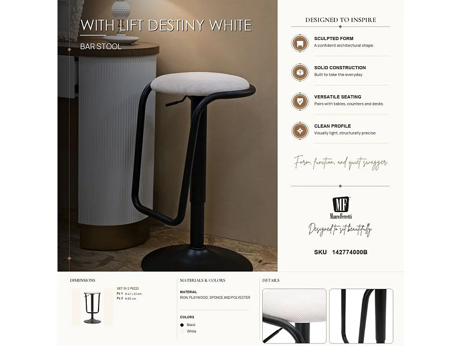 Tabouret de Bar Réglable en Tissu "Destiny" 61-83cm Noir & Blanc