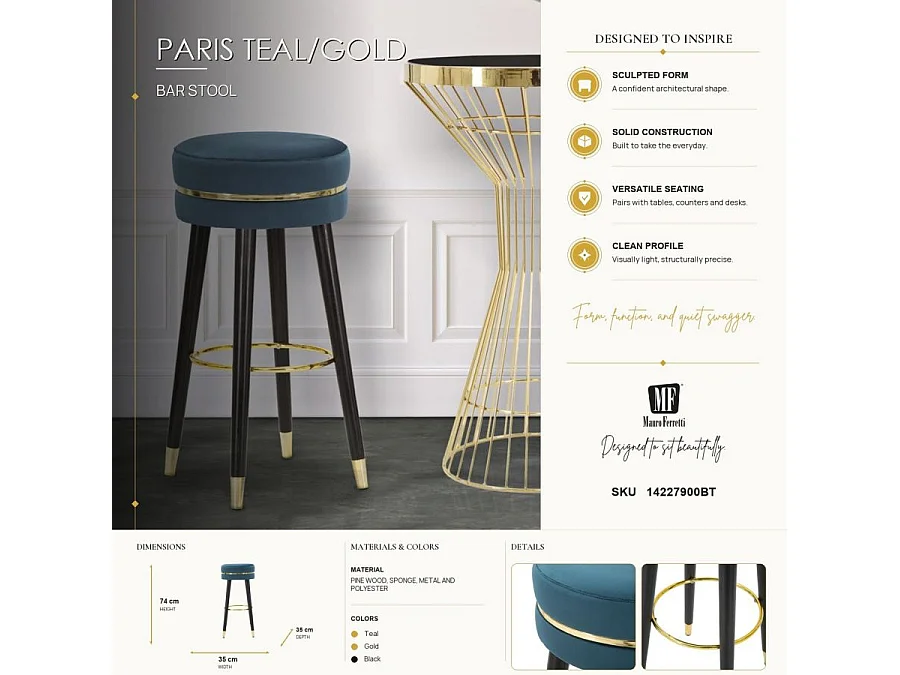 Tabouret de Bar Design "Paris" 74cm Bleu & Or