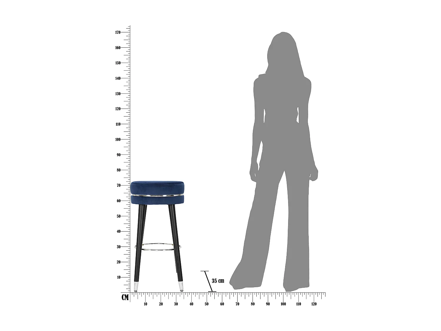 Tabouret de Bar Design "Paris" 74cm Bleu Foncé & Argent