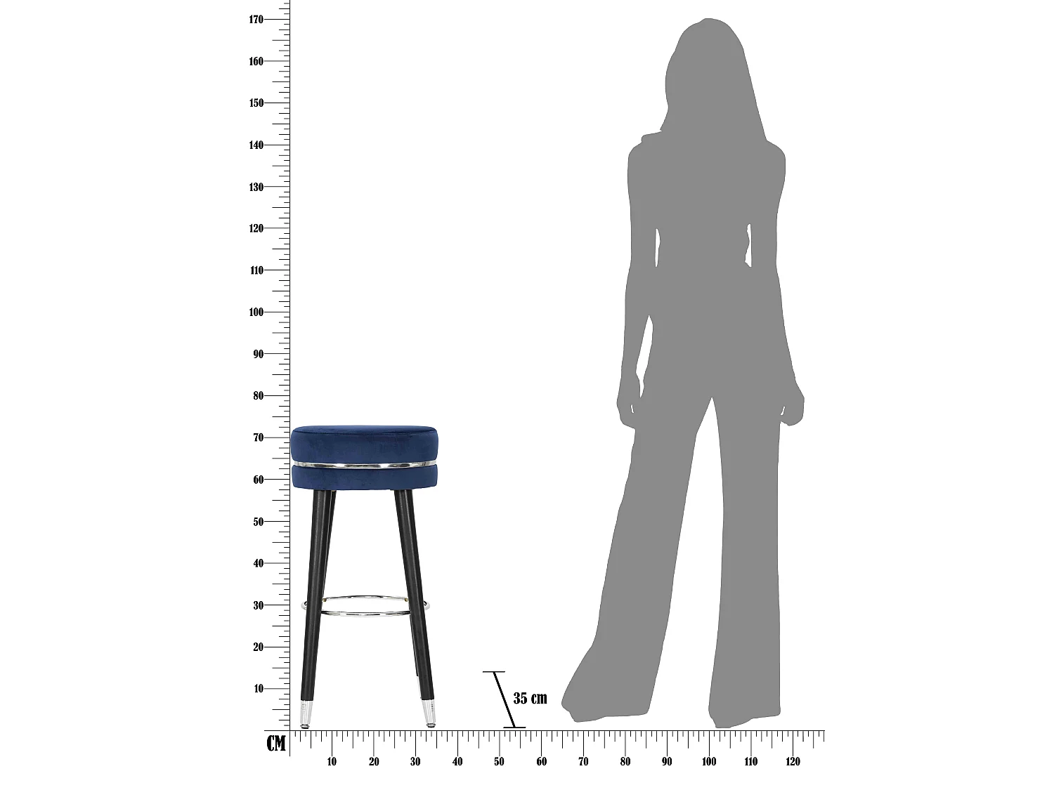 Tabouret de Bar Design "Paris" 74cm Bleu Foncé & Argent