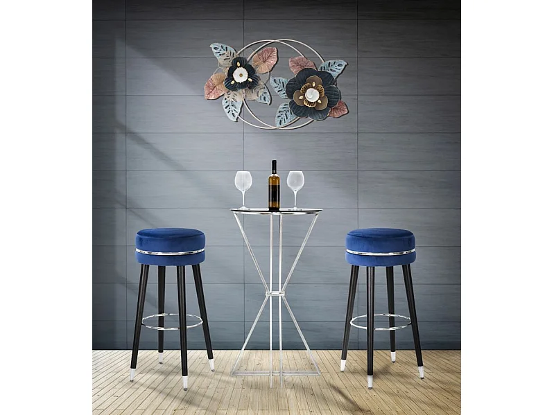 Ronde barkruk in blauwe stof met houten poten Ø cm 35x74