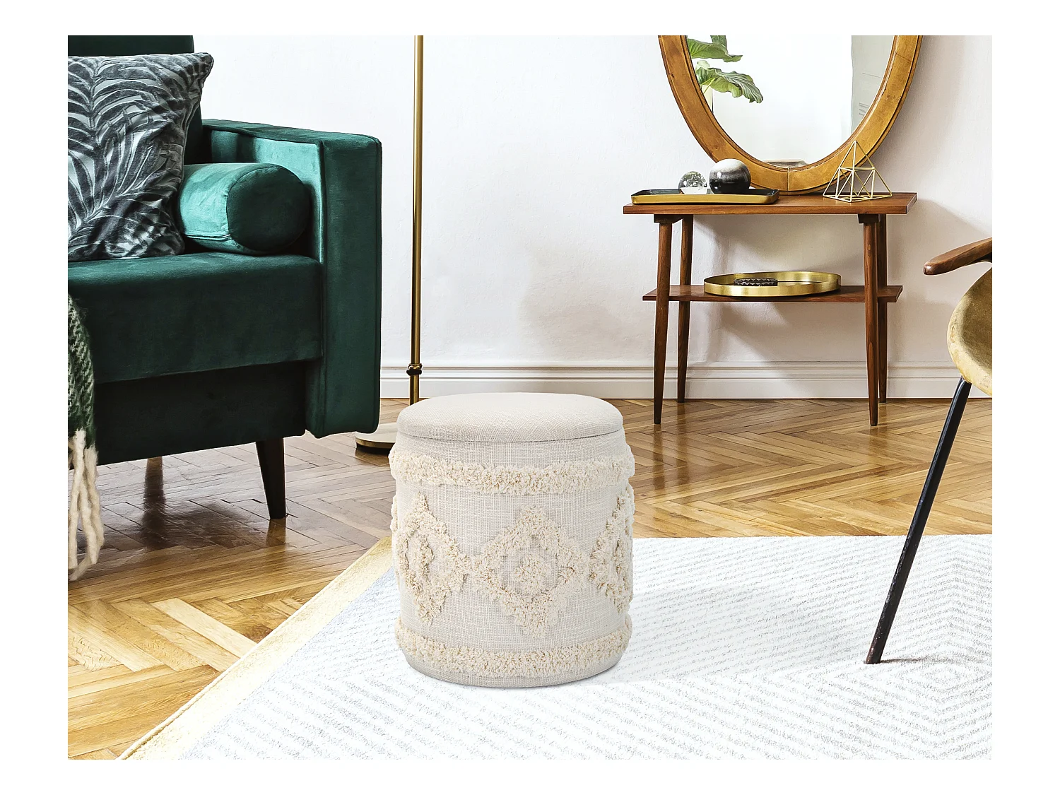 Pouff contenitore rotondo in tessuto beige Ø cm 35x40